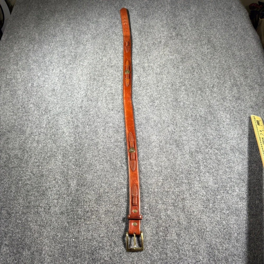 Orvis Shotgun Shell Leather Belt Mens 42 Brown Vintage Sporting Solid Brass